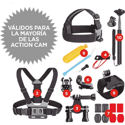 Kit accesorios cámara deportiva - SK8 Pack Accesorios 10 en 1, Accesorios, Negro