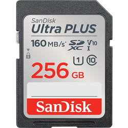 Tarjeta SDXC - SanDisk Ultra Plus, 256GB, 160 MB/s, UHS-I, V10, Clase 10, Resistente al Agua, Multicolor