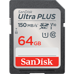 Tarjeta SDXC - SanDisk Ultra Plus, 64GB, 150 MB/s, UHS-I, V10, Clase 10, Resistente al Agua, Multicolor