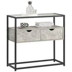 SoBuy Mesa de cristal templado con 2 cajones madera gris