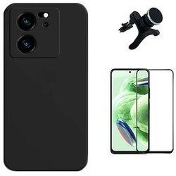 Kit Film Verre Trempé 5D + Coque Silicone Liquide + Support Magnétique Xiaomi 13T Pro Noir