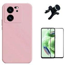 Kit Film Verre Trempé 5D + Coque Silicone Liquide + Support Magnétique Xiaomi 13T Pro Rose