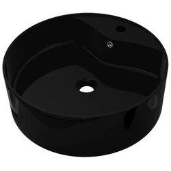 Lavabo de cerámica con agujero para grifo/desagüe negro redondo