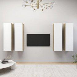 Mueble TV 4 piezas blanco y roble Sonoma 30,5x30x110cm multicapa