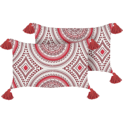 Beliani conjunto de 2 cojines de algodón rojo borgoña/blanco 30 x 50 cm anthemis