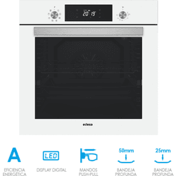 Horno multifunción edesa eoe-7040wh capacidad 80l altura 59.5cm puerta cristal blanco rejilla cromada bandeja 8 programas fácil limpieza color blanco