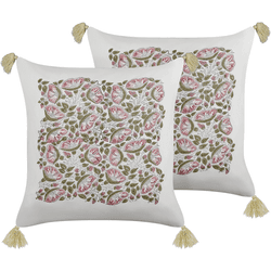 Beliani conjunto de 2 cojines de algodón blanco/rosa/verde 45 x 45 cm carissa