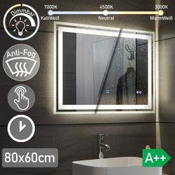 Espejo de baño retroiluminado - 80 x 60 cm, a++, retroiluminación fría/caliente/blanca, táctil, antivaho, reloj -