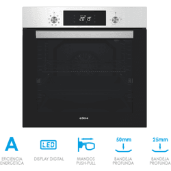 Horno multifunción edesa eoe-7040x capacidad 80l altura 59.5cm puerta cristal negra rejilla cromada bandeja 8 programas fácil limpieza color inox