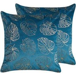 Beliani conjunto de 2 cojines de terciopelo azul/dorado 45 x 45 cm monstera