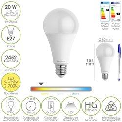 Bombilla Led Estandar MAURER Rosca E27 -20 Watt - 2452 Lumenes - Luz Calida (3000 K)