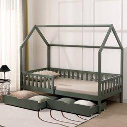 Cama cabaña verde con cajones para niños marceau 190x90cm