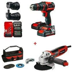 Einhell Power X-Change 18V Taladro atornillador de batería TE-CD18/45 + amoladora TC-AG 125/850 Kit (18 V, 2 baterías, 2 Ah, 45 Nm)