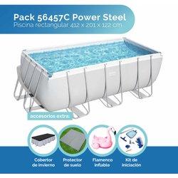 Pack Piscina 56457C Power Steel Rectangular. 412 X 201 X 122CM, Cobertor de Invierno, Protector de Suelo, Kit Iniciación