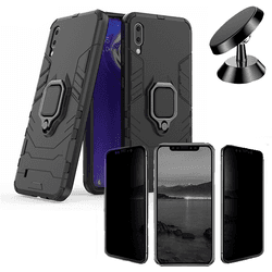 Kit Carcasa, Protector Privacy y Soporte Magnetico Samsung Galaxy M20 Military Defender Negro