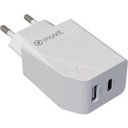 Cargador - muvit MCACC0013, USB-A, USB-C, 20W, Blanco