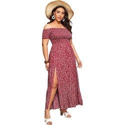 Vestido largo de línea A con hombros descubiertos y estampado floral bohemio para mujer