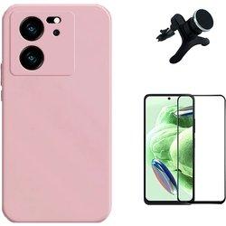 Kit Film Verre Trempé 5D + Coque Silicone Liquide + Support Magnétique Xiaomi 13T Pro Rose