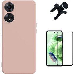 Kit Film Verre Trempé 5D + Coque Silicone Liquide + Support Magnétique Oppo A58 4G Rose