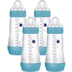 MAM Pack de 4 Biberones Anticólicos, 4+ meses, 320ml, con Tetina 3 Flujo Rápido de Silicona de Fácil Aceptación, Autoesterilizable y Fácil de Limpiar, Easy Start Anti-Colic, Azul Mate