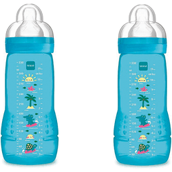 MAM Set de 2 Biberones Easy Active Baby Bottle 330 ml, 4+ Meses, con Tetina nº 3 Silicona de Flujo Rápido, Tapa Antigoteo, Azul