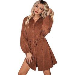 Vestido casual de pana de manga larga con cinturón para mujer, vestido camisero con cuello de otoño