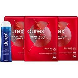 Durex - Condones Sensitivo Suave + Lubricante Original H2O 50 ml, Pack de 72 Preservativos para Sexo Seguro. Perímetro Regular, Grosor Fino. 6 Cajitas