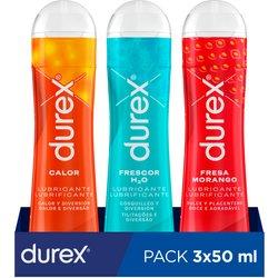 Durex - Pack Lubricante Sabor Fresa + Efecto Frío + Efecto Calor, 3x50 ml, Dulce y Placentero, Calor y Diversión, Cosquilleo, Para Sexo