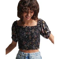 Superdry Top Vintage Smocked Crop Negro