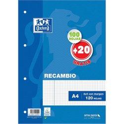 Oxford, Recambio de Hojas Cuadriculadas A4 Perforadas. 4 Agujeros,  Recambio Archivador, 100+20 Hojas, Cuadrícula 4x4, con Margen, 90g de gramajes. Lineas Azules