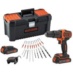 Black and Decker KIT: Taladro Percutor 18V, portabrocas 10mm, BDCHD18C2TA-QW, 10 + 1 posiciones de par de apriete, 2 velocidades. Incluye 2 baterías 1,5Ah de Litio, 30 accesorios, cargador y caja de herramientas 16"