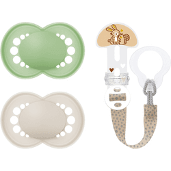 MAM Pack de 2 Chupetes + Broche Chupetero: 2 Chupetes, A Partir de 6 Meses, con Tetina de Silicona, con Caja Autoesterilizadora, + Broche Chupetero, para Todo Tipo de Chupetes, Mordedores y Juguetes, Longitud Ajustable, Incluye Cubierta para Tetina