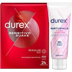 Durex - Lote 24x Preservativos Sensitivo Suave + Lubricante Naturals Extra Sensitivo 100 ml, Sexo Seguro. Perímetro Regular, Grosor Fino