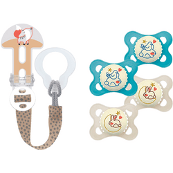 MAM Pack de 4 Chupetes + 1 Clip it! & Cover: 4 Chupetes Original Night, Bebé 2-6 Meses, Silicona SkinSOFT, Brillan en la Oscuridad, Caja Esterilizadora, Colores Azul y Beige + Broche Clip It! & Cover, Color Neutro