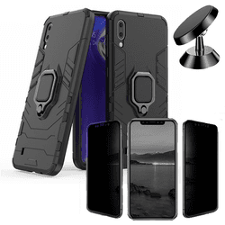 Kit Carcasa, Protector Privacy y Soporte Magnetico Samsung Galaxy M10 Military Defender Negro