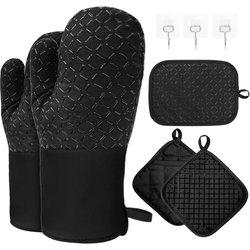 Juego de Manoplas y agarraderas para Horno, Guantes para Horno de algodón Resistentes al Calor de 300 ℃, Guantes Largos con Silicona Antideslizante, Guantes de Cocina para Cocina, Hornear, Cacerola