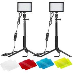 Kit Iluminación Fotografía Vídeo 5600K, Pack de 2 Luces de Cámara USB Ajustable con Trípode Ajustable y Filtros de Color, Iluminación de Estudio para Fotos de Mesa, Ángulo Bajo, Videoconferencia, Zoom, Youtube, Tiktok