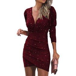 Vestido de fiesta de cóctel fruncido bodycon de manga larga con cuello en V envolvente para mujer