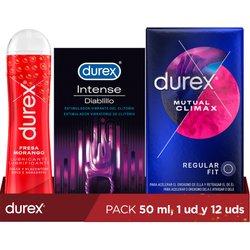 Durex Pack Lubricante Sabor y Aroma Fresa +  Anillo Vibrador Intense Orgasmic Diablillo +  Preservativos Mutual Clímax