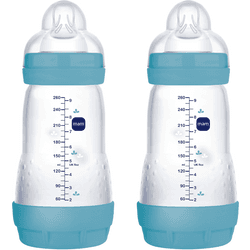 MAM Pack de 2 Biberones Anticólicos, 2+ Meses, 260ml, con Tetina 2 Flujo Medio de Silicona de Fácil Aceptación, Autoesterilizable y Fácil de Limpiar, Easy Start Anti-Colic, Azul Mate, 2 Unidades