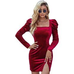 Mini vestido bodycon fruncido de manga larga con cuello cuadrado para mujer, vestido de fiesta, club, cóctel, vestidos cortos de terciopelo A