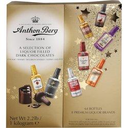 ANTHON BERG 64 BOTELLITAS DE CHOCOLATE OSCURO RELLENAS de LICOR surtidos en CAJA DE REGALO,