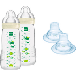 MAM Pack de 2 Biberones + 2 Boquillas, A Partir de 4 Meses: Biberones 330ml, con Tetina 3 de Flujo Rápido de Silicona, Fácil de Sostener, Fácil de Limpiar + Boquillas Extra Blandas para Biberones, Forma Simétrica, de Silicona SkinSoftTM Fácil Aceptación