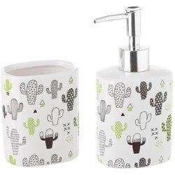 Set Dosificador Baño Avalon Cerámica Blanca Dibujos Cactus Negro y Verdes (8x6x16cm)