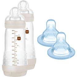 MAM Pack de 2 Biberones + 2 Tetinas, a Partir de 4 Meses: 2 Biberones Anticólicos, 320ml, con Tetina 3 Flujo Rápido, Autoesterilizable y Fácil de Limpiar, Easy Start Anti-Colic + 2 Tetinas X, Especial Líquidos Espesos, Apto para todos los Biberones MAM