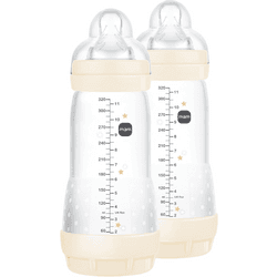 MAM 2 Biberones Anticólicos, a partir de 4 Meses, 320ml, con Tetina 3 Flujo Rápido de Silicona de Fácil Aceptación, Autoesterilizable y Fácil de Limpiar, Easy Start Anti-Colic, Neutro