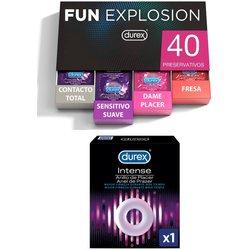 Durex - Lote Fun Explosion, Pack 40 Preservativos + Anillo de Placer para el Pene, Mayor Firmeza Más Tiempo