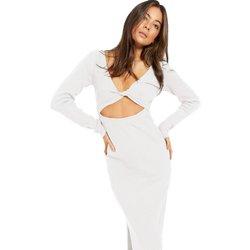 Vestido tipo suéter blanco con cuello en V para mujer Vestido casual de manga larga con abertura en la parte delantera