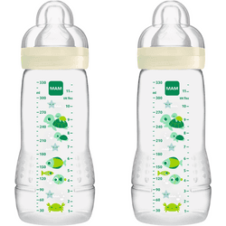 MAM Pack de 2 Biberones Easy Active Baby Bottle, 330 ml, 4+ Meses, Aprendizaje, Tetina nº 3 Silicona de Flujo Rápido, Tapa Antigoteo, Color Neutro