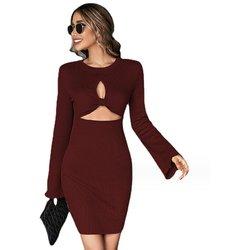 Mini vestido bodycon básico de manga larga con cuello redondo y canalé para mujer